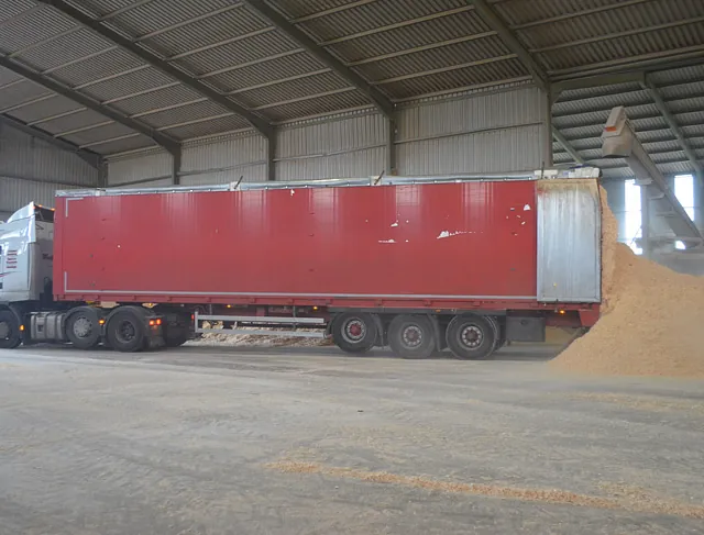 Lorry dumping out wood shavings